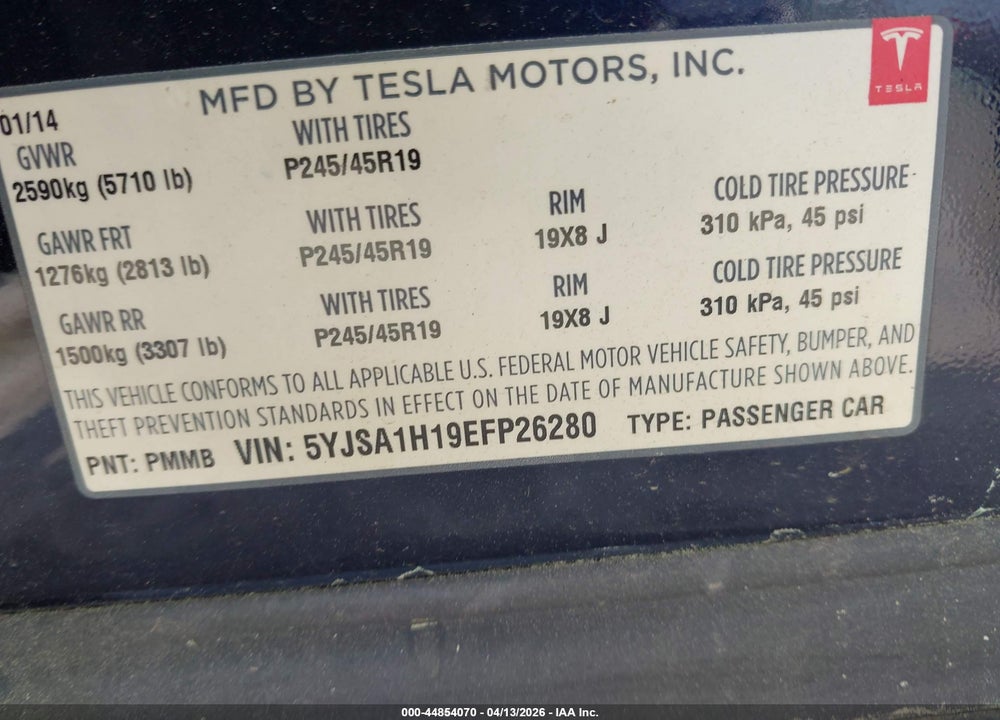 2014 TESLA MODEL S P85 VIN: 5YJSA1H19EFP26280