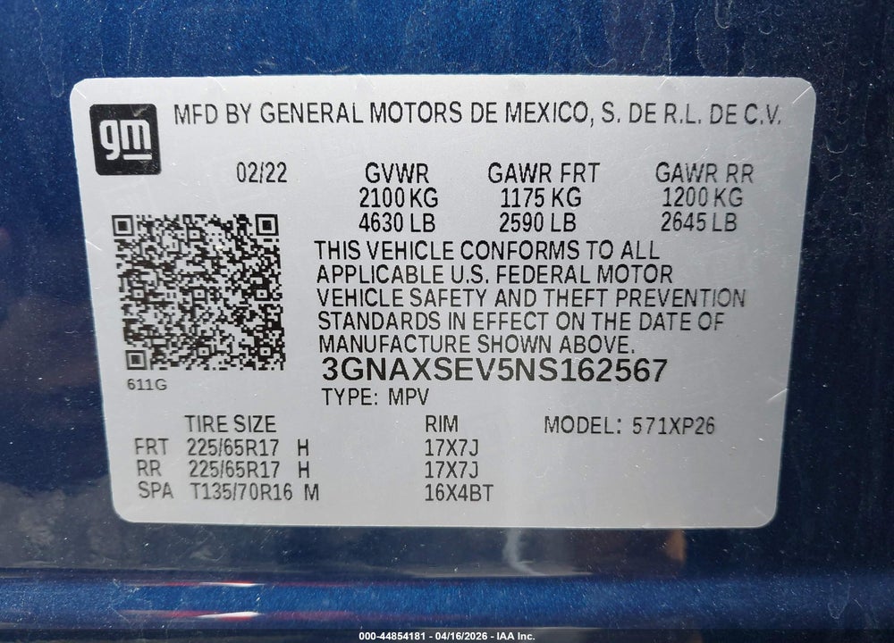 2022 CHEVROLET EQUINOX AWD LS VIN: 3GNAXSEV5NS162567
