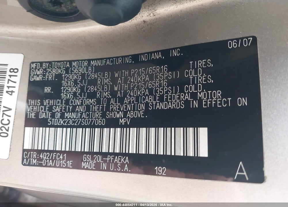 2007 TOYOTA SIENNA LE VIN: 5TDZK23C27S077060