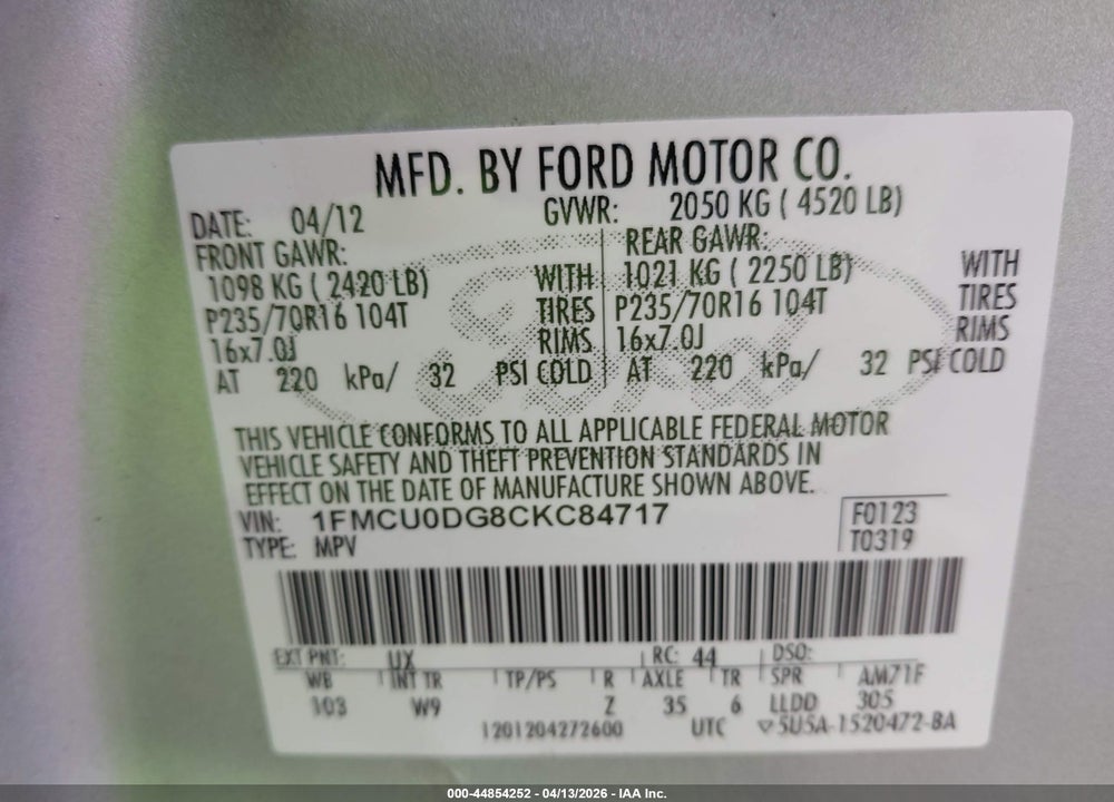 2012 FORD ESCAPE XLT VIN: 1FMCU0DG8CKC84717