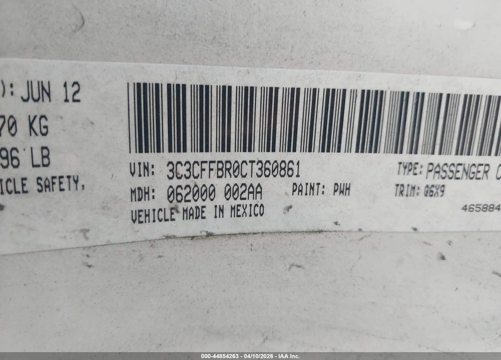 2012 FIAT 500 SPORT VIN: 3C3CFFBR0CT360861