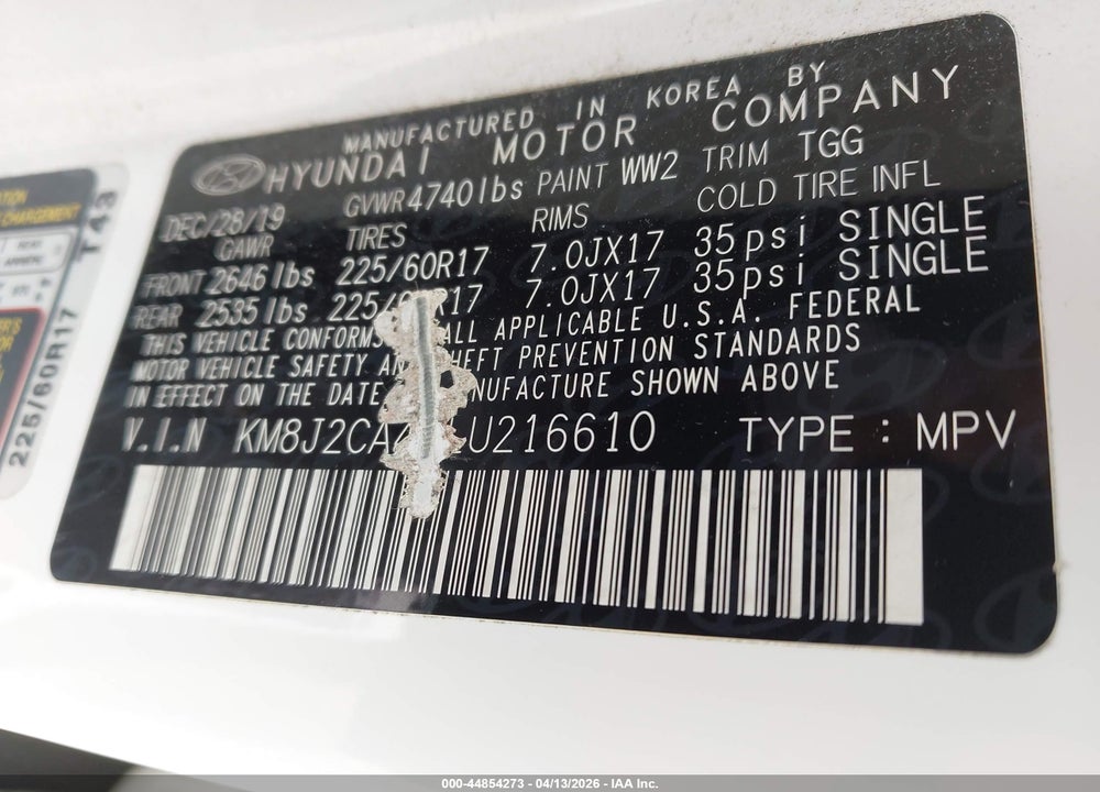 2020 HYUNDAI TUCSON SE VIN: KM8J2CA46LU216610