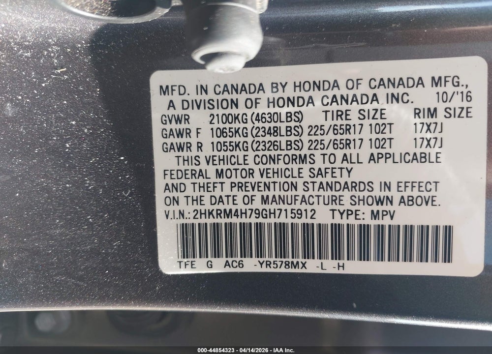 2016 HONDA CR-V EX-L VIN: 2HKRM4H79GH715912