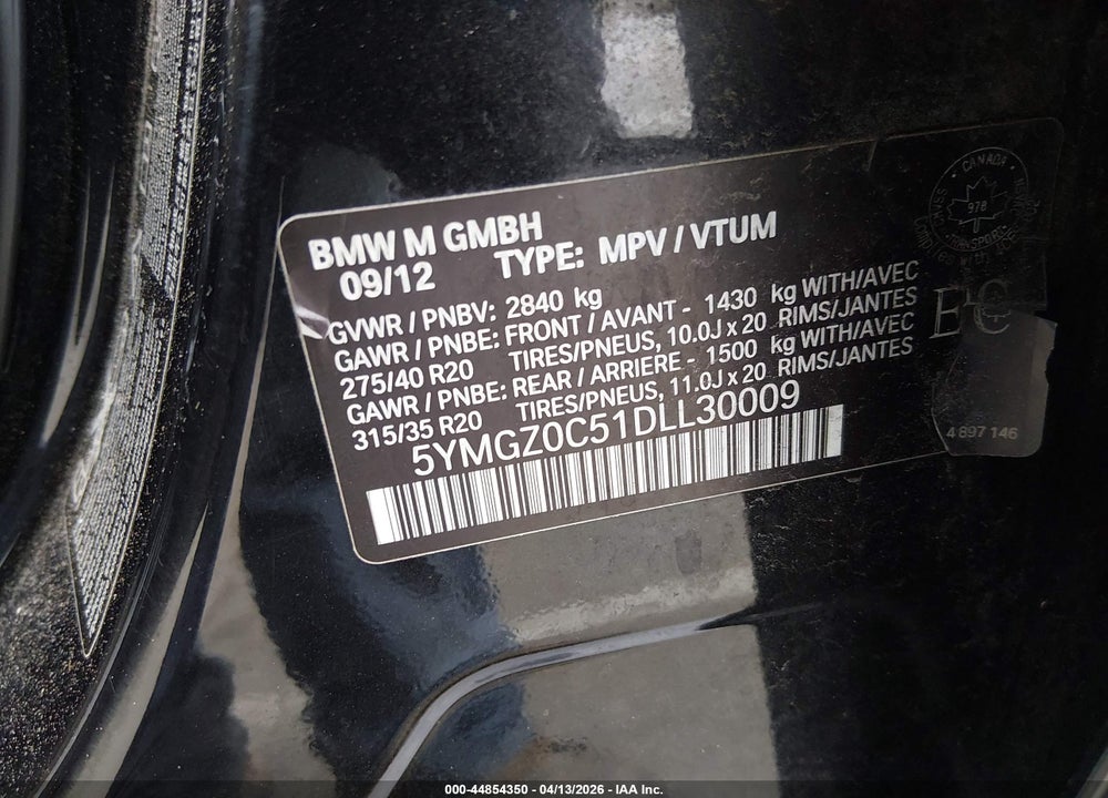 2013 BMW X6 M VIN: 5YMGZ0C51DLL30009