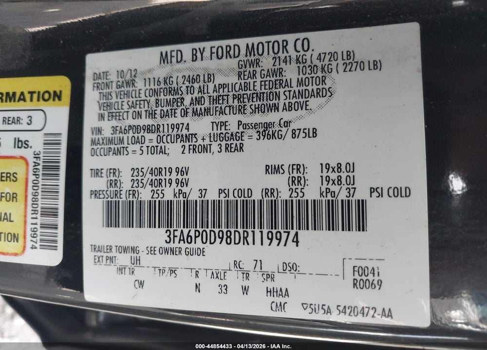 2013 FORD FUSION TITANIUM VIN: 3FA6P0D98DR119974