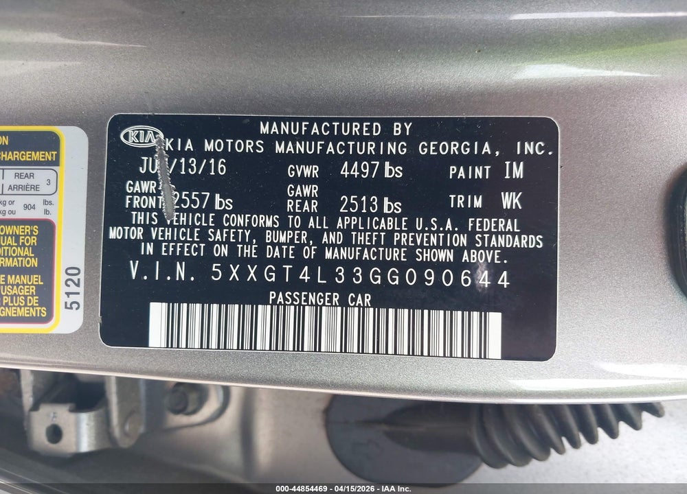 2016 KIA OPTIMA LX VIN: 5XXGT4L33GG090644