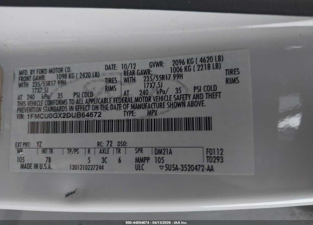 2013 FORD ESCAPE SE VIN: 1FMCU0GX2DUB64672