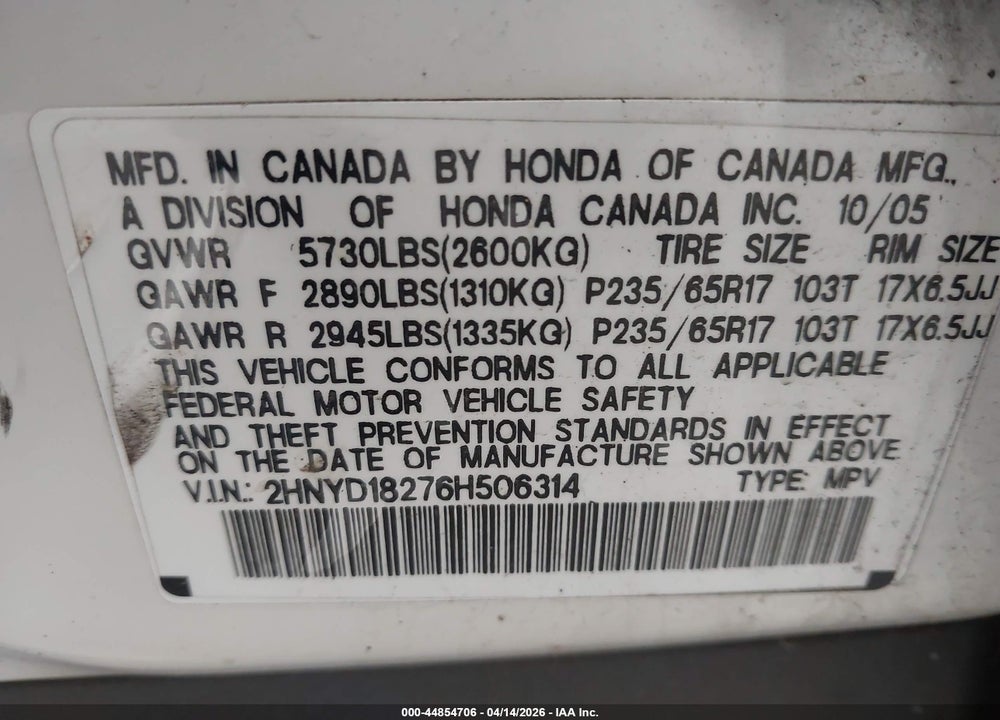 2006 ACURA MDX VIN: 2HNYD18276H506314