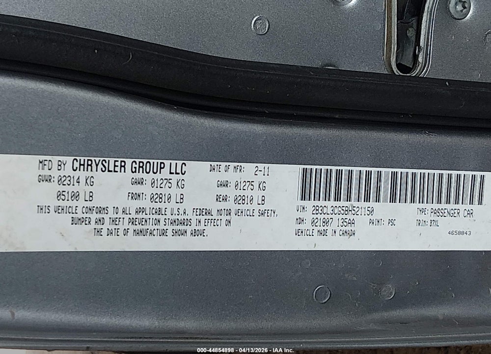 2011 DODGE CHARGER VIN: 2B3CL3CG5BH521150