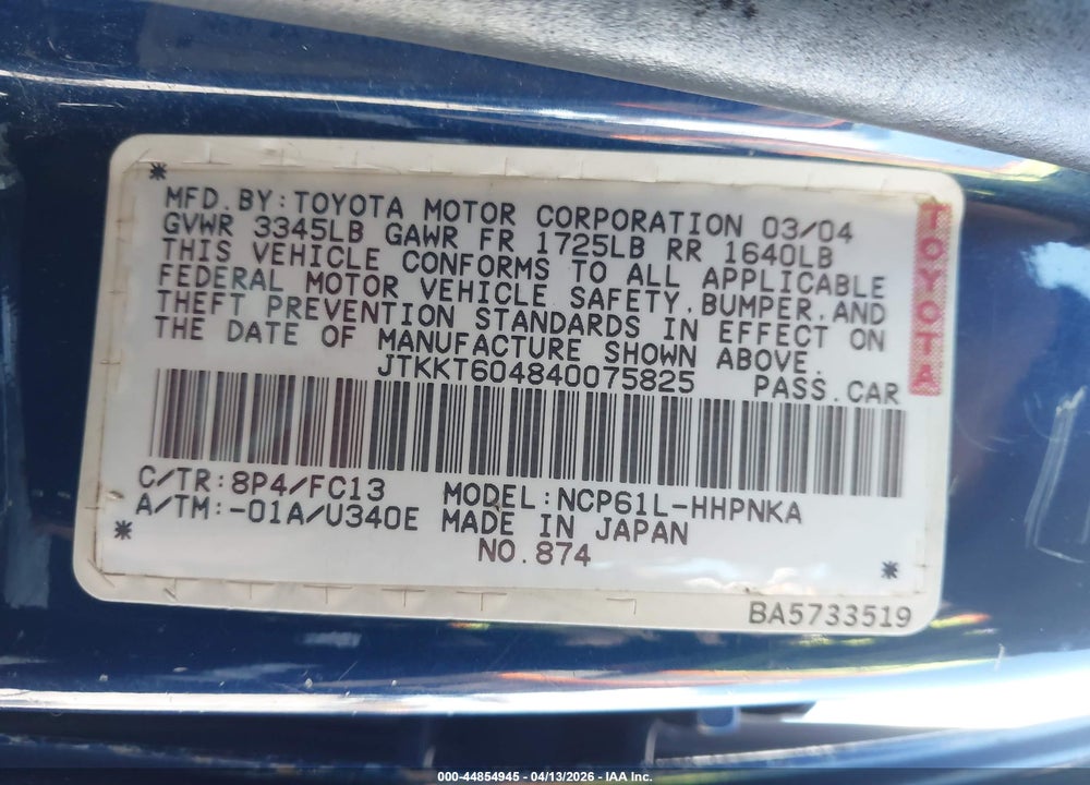 2004 SCION XA VIN: JTKKT604840075825
