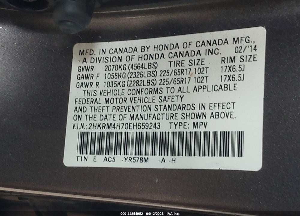 2014 HONDA CR-V EX-L VIN: 2HKRM4H70EH659243