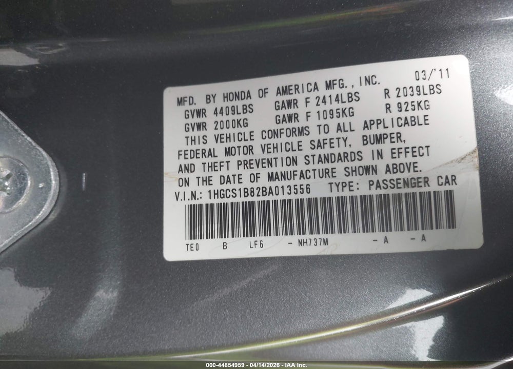2011 HONDA ACCORD 2.4 EX-L VIN: 1HGCS1B82BA013556
