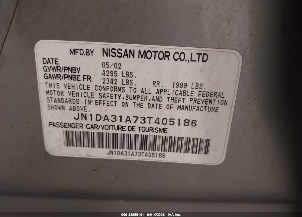 2003 NISSAN MAXIMA SE VIN: JN1DA31A73T405186