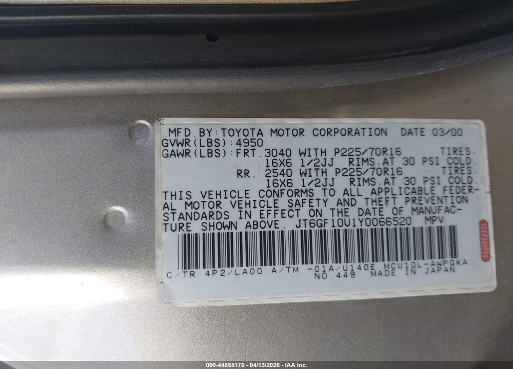2000 LEXUS RX 300 VIN: JT6GF10U1Y0066520