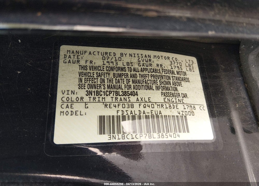 2011 NISSAN VERSA 1.8S VIN: 3N1BC1CP7BL385404