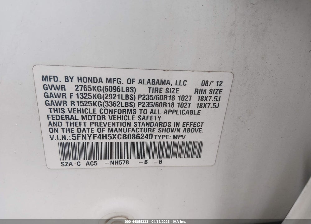 2012 HONDA PILOT EX-L VIN: 5FNYF4H5XCB086240