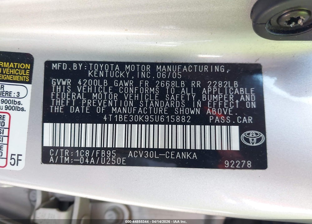 2005 TOYOTA CAMRY LE VIN: 4T1BE30K95U615882