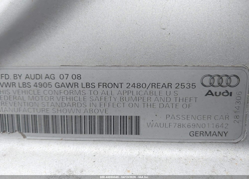 2009 AUDI A4 2.0T PREMIUM VIN: WAULF78K69N011642
