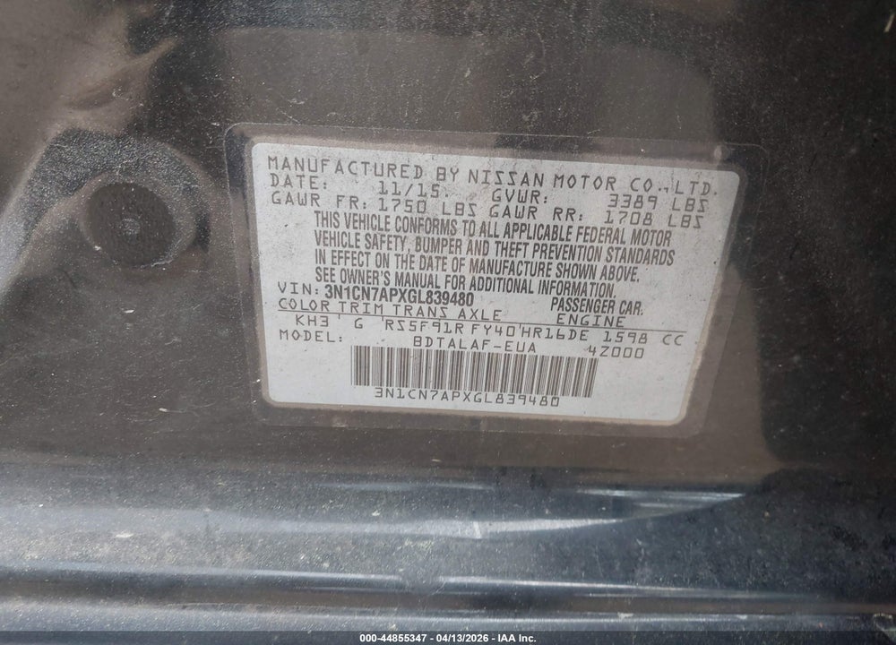 2016 NISSAN VERSA 1.6 S VIN: 3N1CN7APXGL839480
