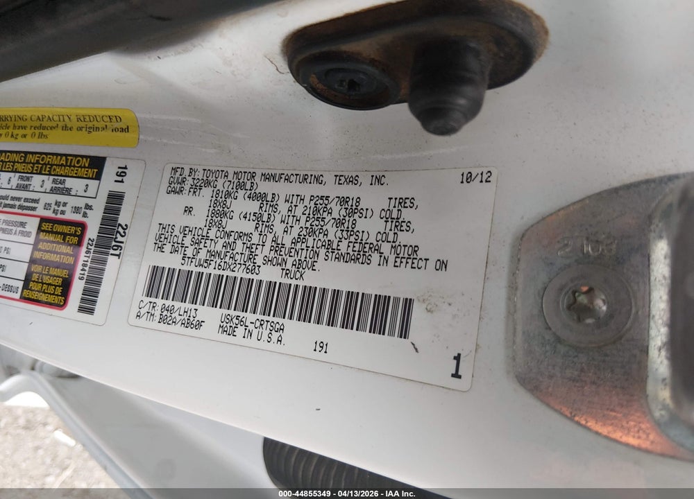 2013 TOYOTA TUNDRA GRADE 5.7L V8 VIN: 5TFUW5F16DX277603