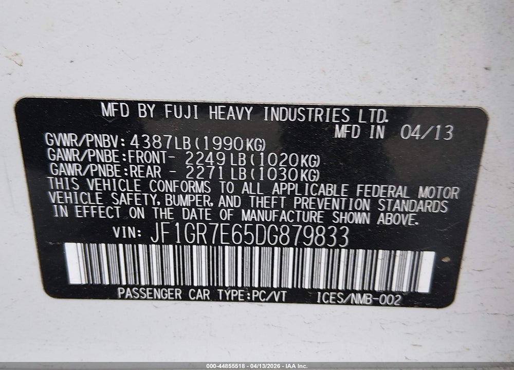 2013 SUBARU IMPREZA WRX LIMITED VIN: JF1GR7E65DG879833