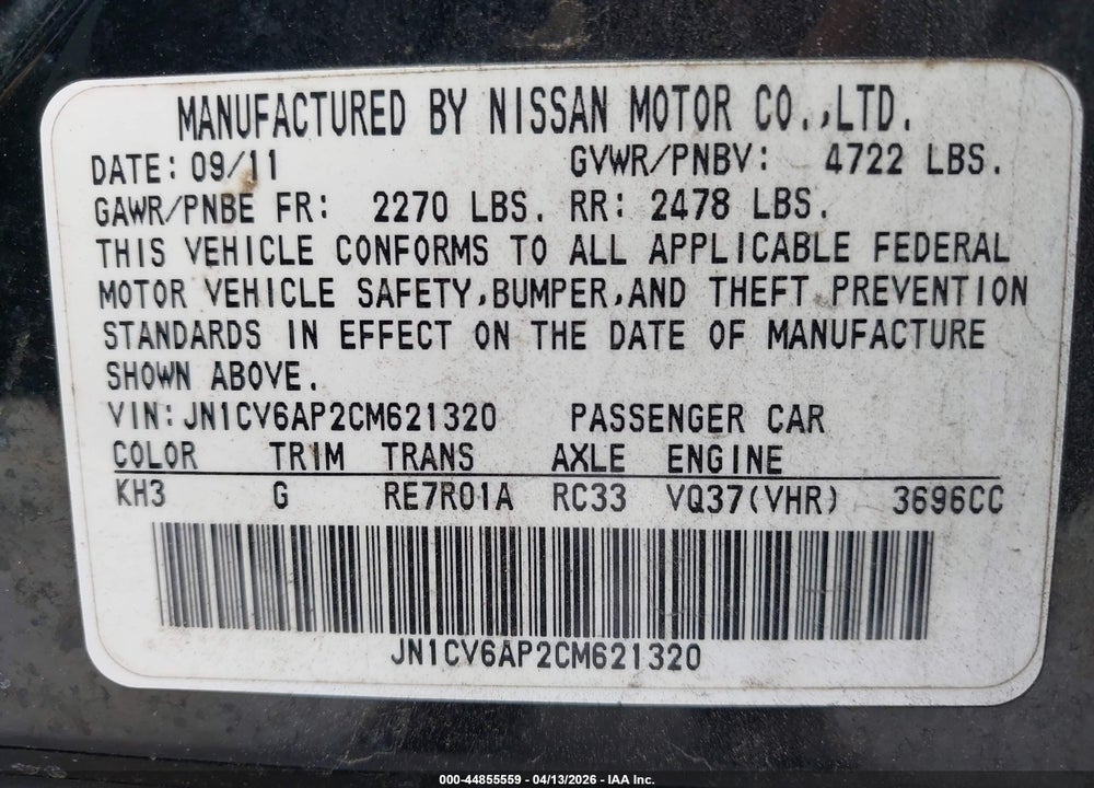 2012 INFINITI G37 LIMITED EDITION VIN: JN1CV6AP2CM621320