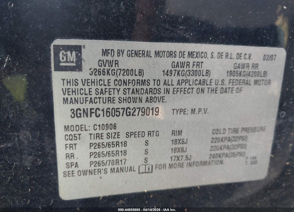 2007 CHEVROLET SUBURBAN 1500 LT VIN: 3GNFC16057G279019