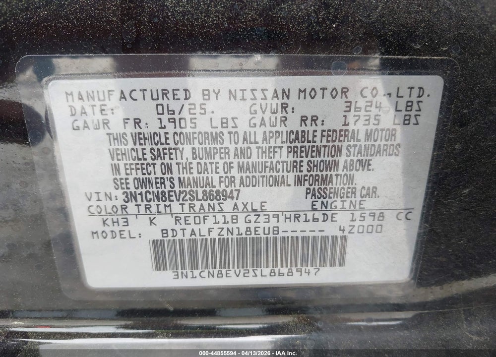 2025 NISSAN VERSA 1.6 SV VIN: 3N1CN8EV2SL868947