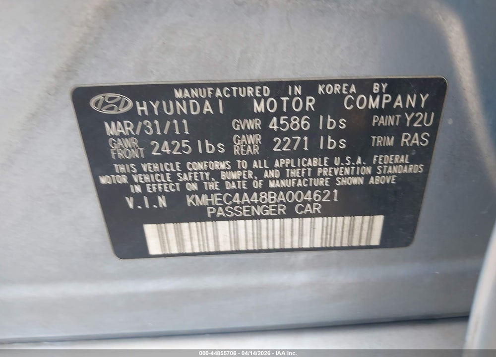 2011 HYUNDAI SONATA HYBRID VIN: KMHEC4A48BA004621