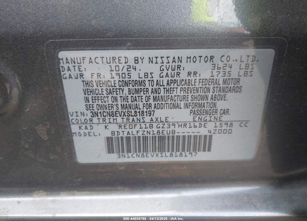 2025 NISSAN VERSA 1.6 SV VIN: 3N1CN8EVXSL818197