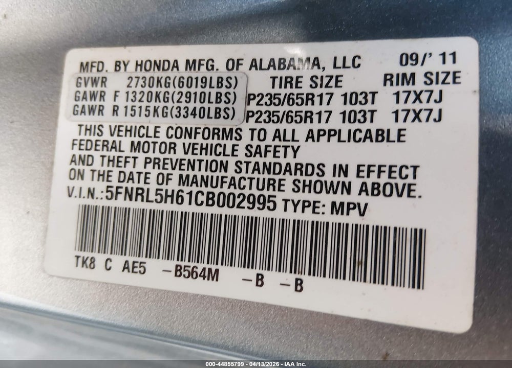 2012 HONDA ODYSSEY EX-L VIN: 5FNRL5H61CB002995