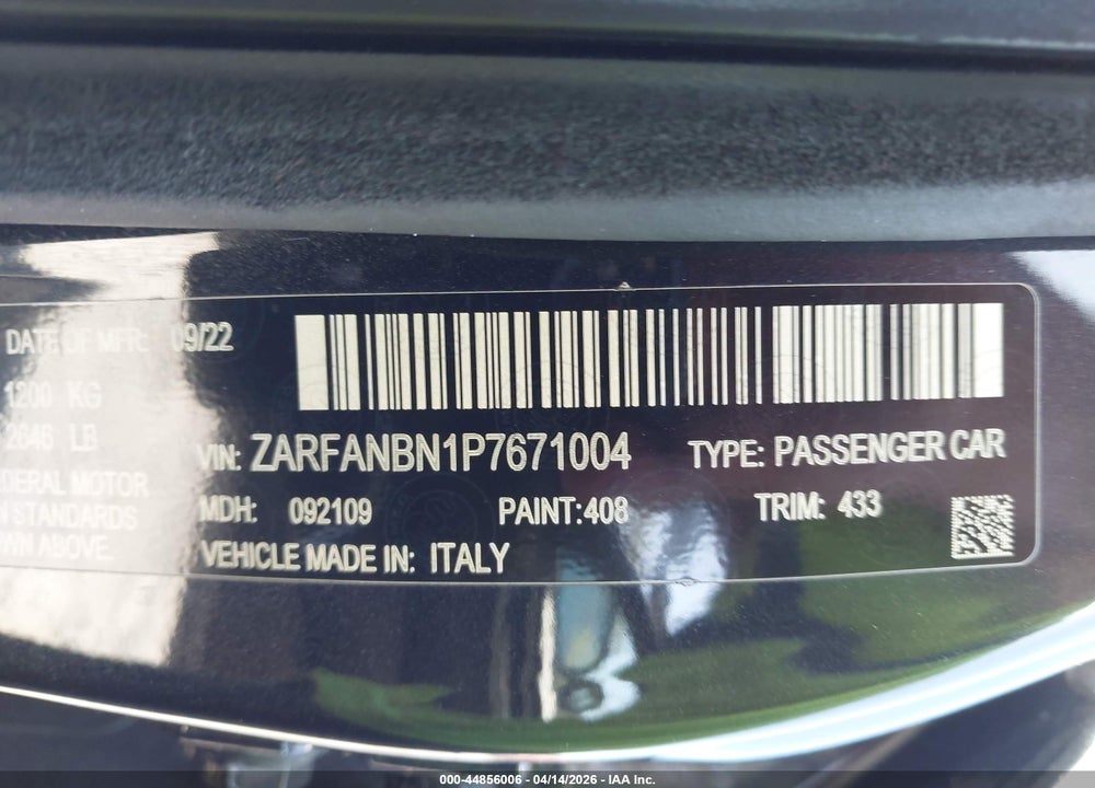 2023 ALFA ROMEO GIULIA TI AWD VIN: ZARFANBN1P7671004