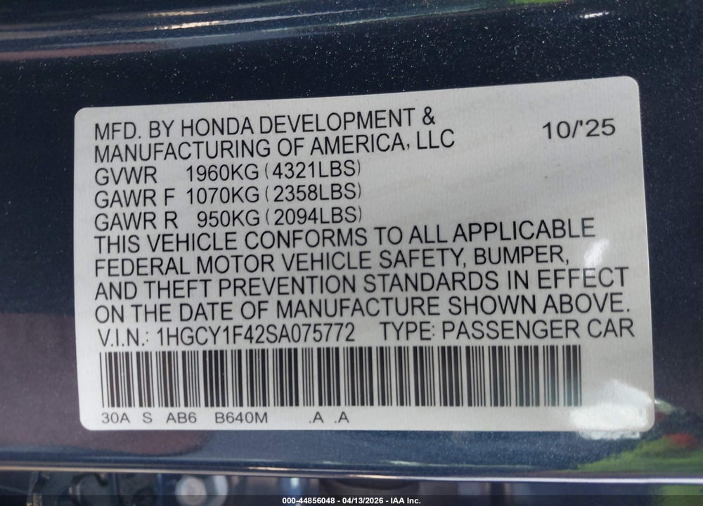 2025 HONDA ACCORD SE VIN: 1HGCY1F42SA075772
