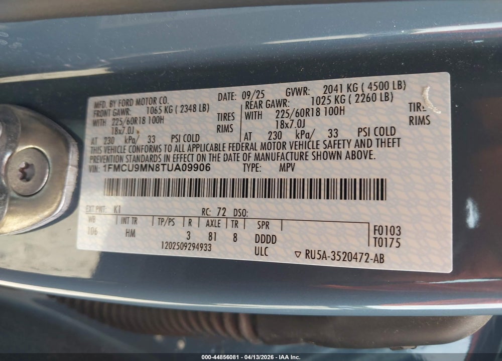 2026 FORD ESCAPE ST-LINE VIN: 1FMCU9MN8TUA09906