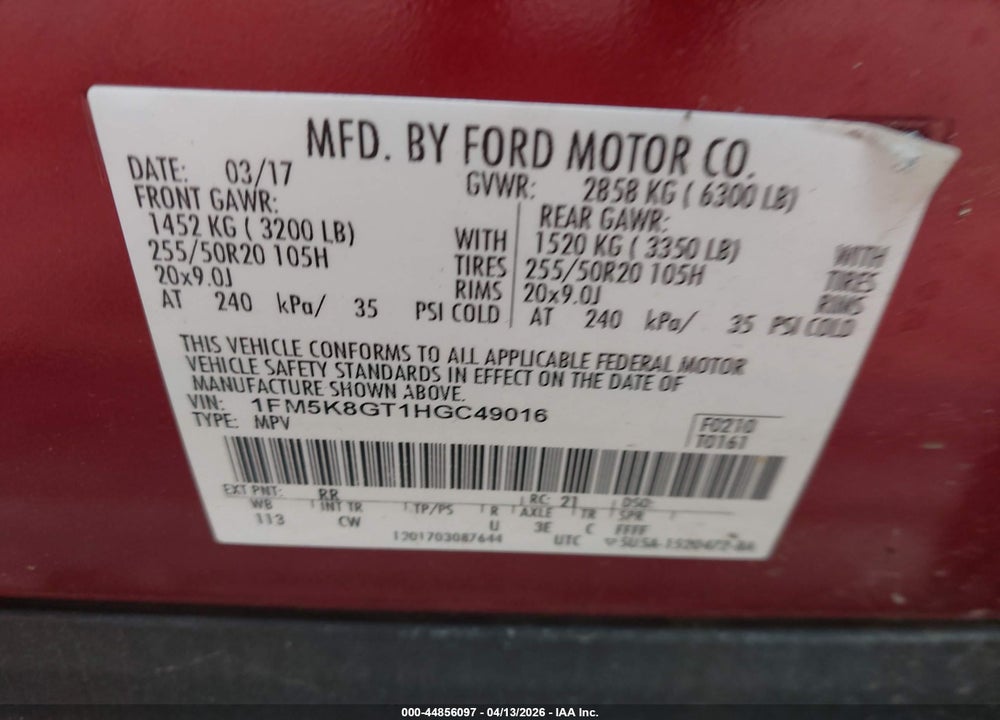 2017 FORD EXPLORER SPORT VIN: 1FM5K8GT1HGC49016