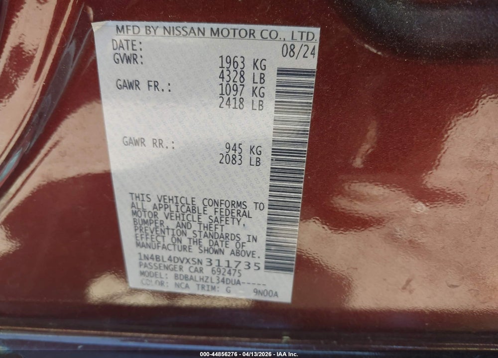 2025 NISSAN ALTIMA SV FWD VIN: 1N4BL4DVXSN311735