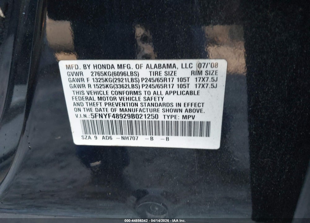 2009 HONDA PILOT TOURING VIN: 5FNYF48929B021250