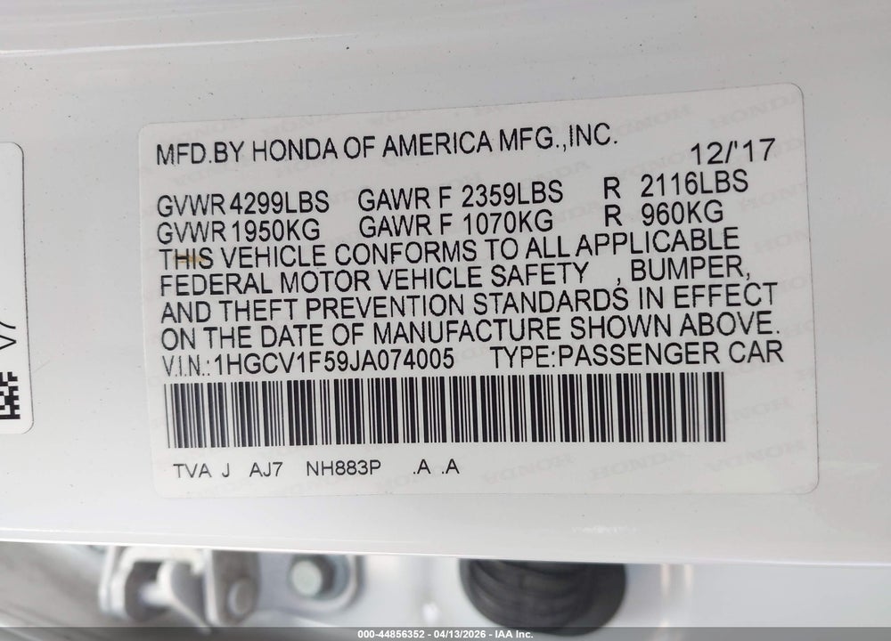 2018 HONDA ACCORD EX-L VIN: 1HGCV1F59JA074005