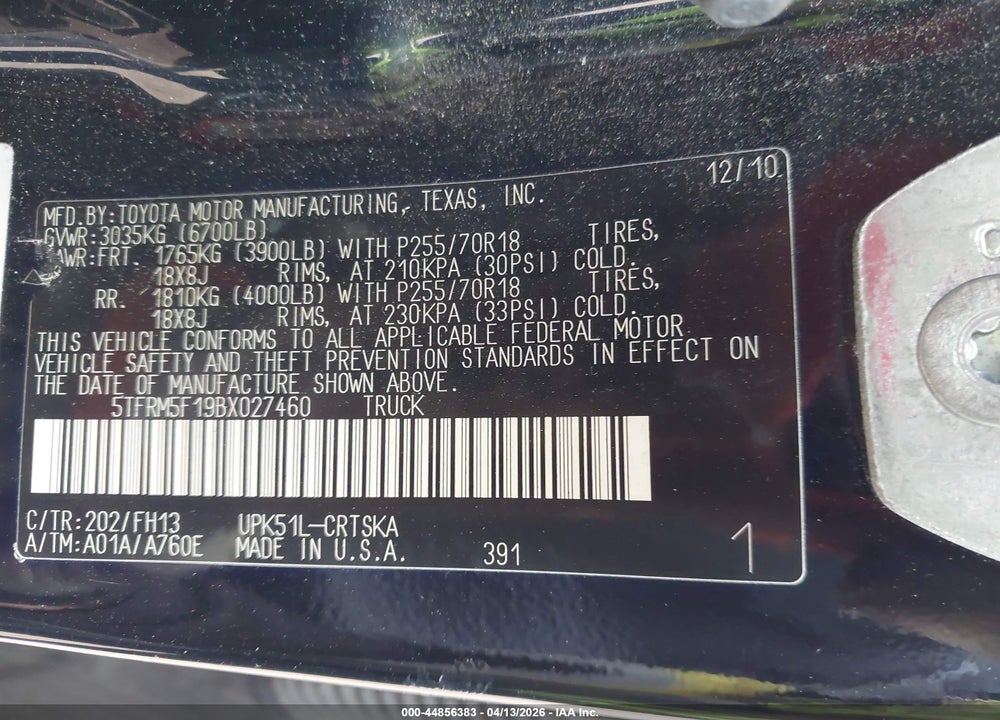 2011 TOYOTA TUNDRA GRADE 4.6L V8 VIN: 5TFRM5F19BX027460