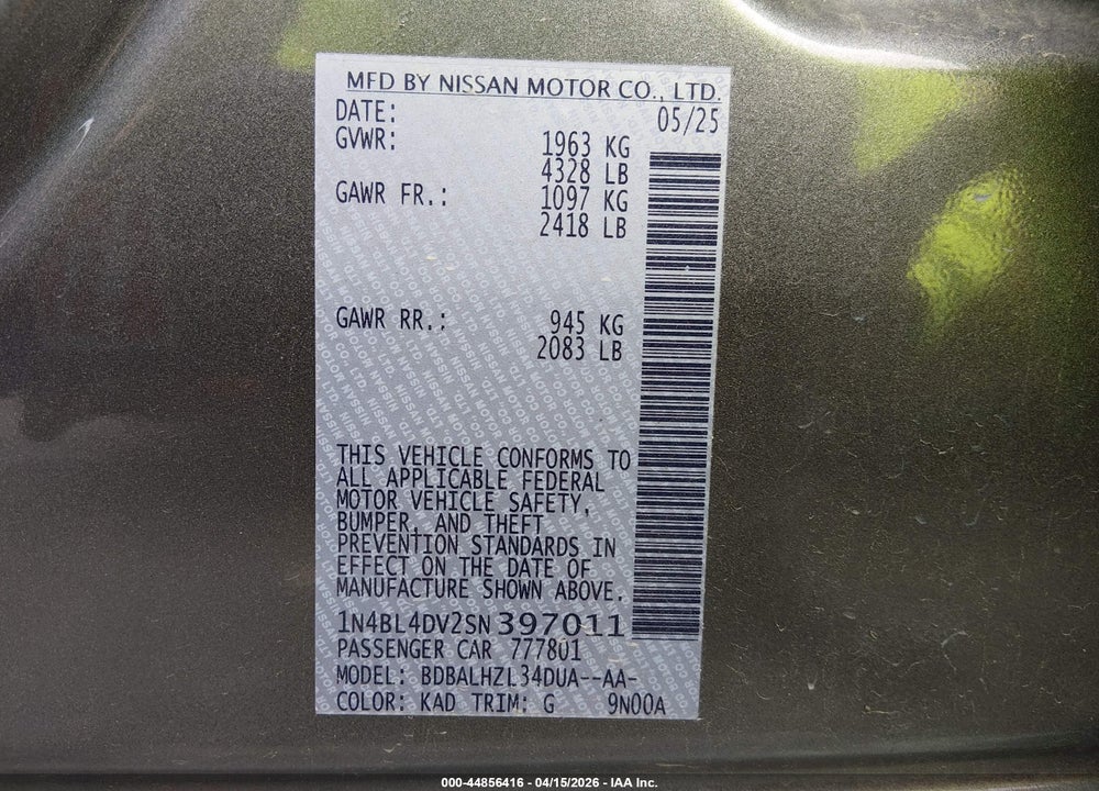 2025 NISSAN ALTIMA SV FWD VIN: 1N4BL4DV2SN397011