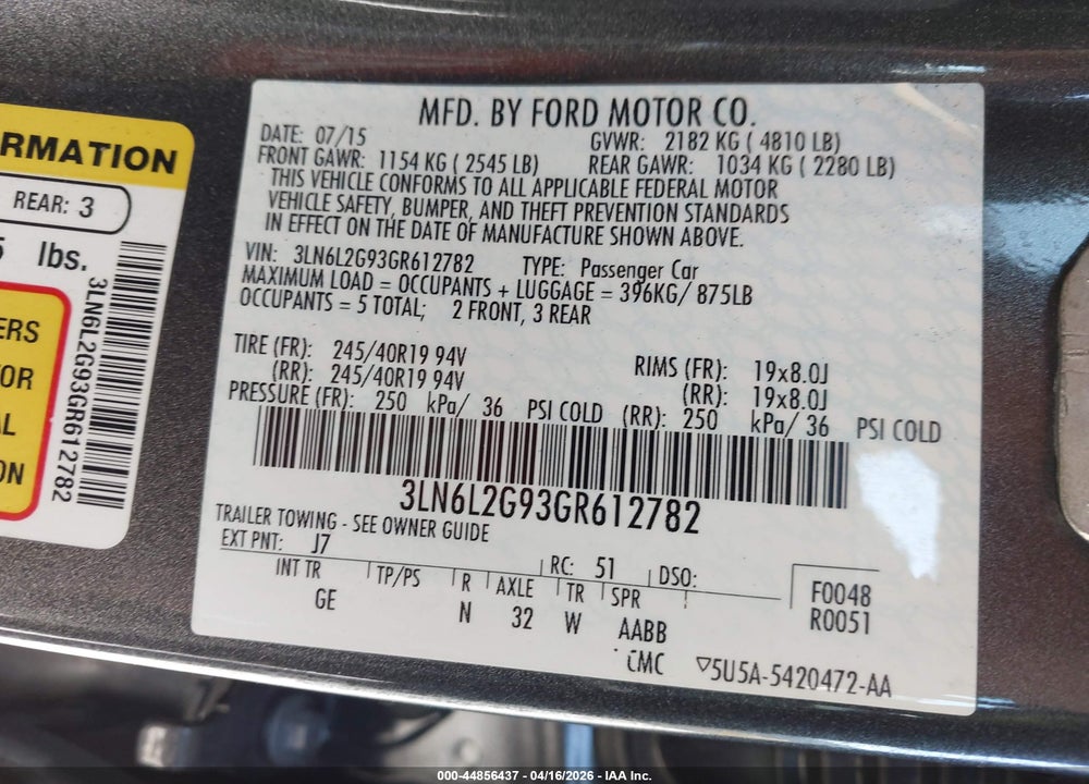 2016 LINCOLN MKZ VIN: 3LN6L2G93GR612782