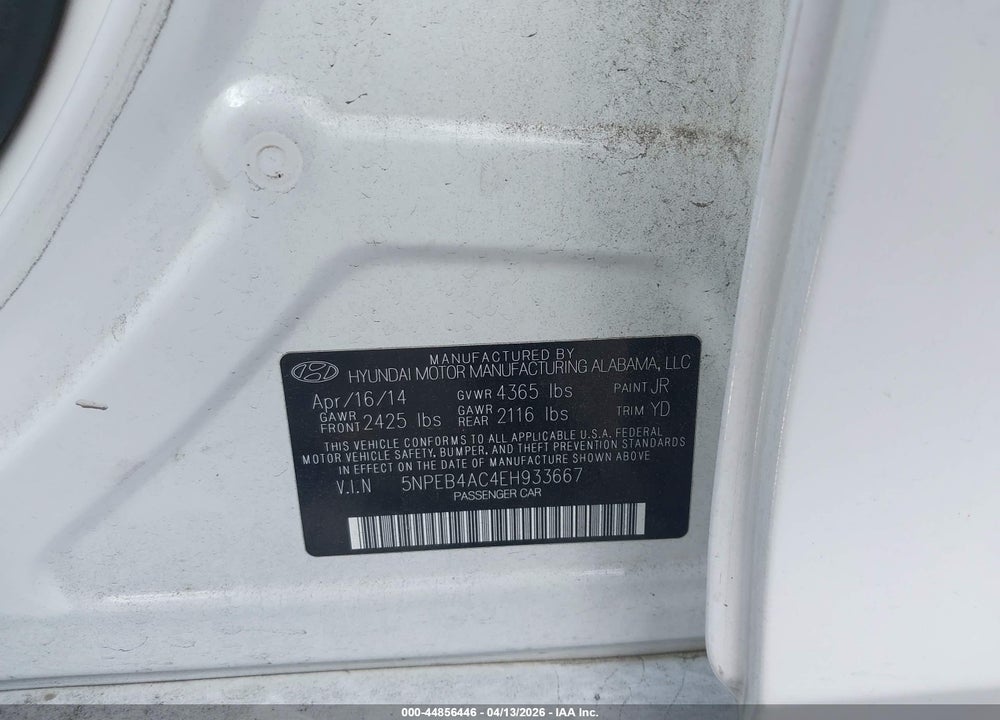 2014 HYUNDAI SONATA GLS VIN: 5NPEB4AC4EH933667