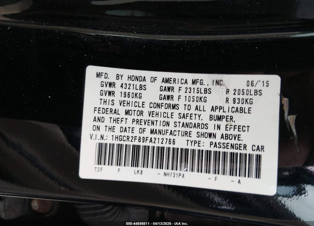 2015 HONDA ACCORD EX-L VIN: 1HGCR2F89FA212766