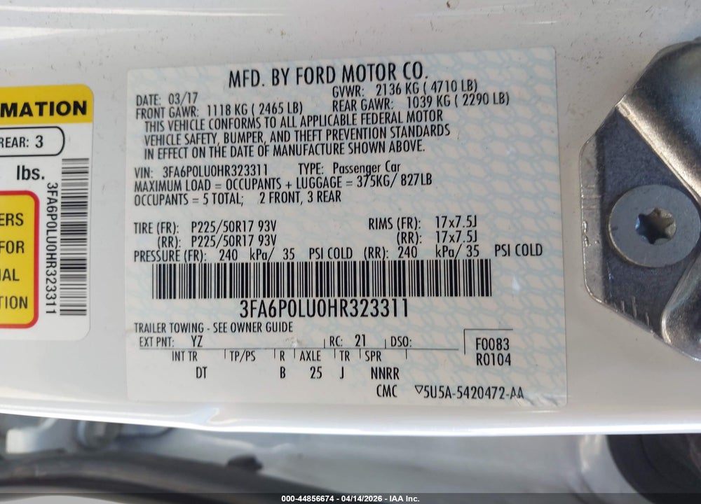 2017 FORD FUSION HYBRID SE VIN: 3FA6P0LU0HR323311