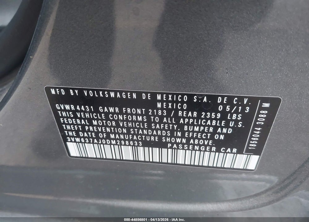 2013 VOLKSWAGEN JETTA HYBRID SEL VIN: 3VW637AJ0DM298633