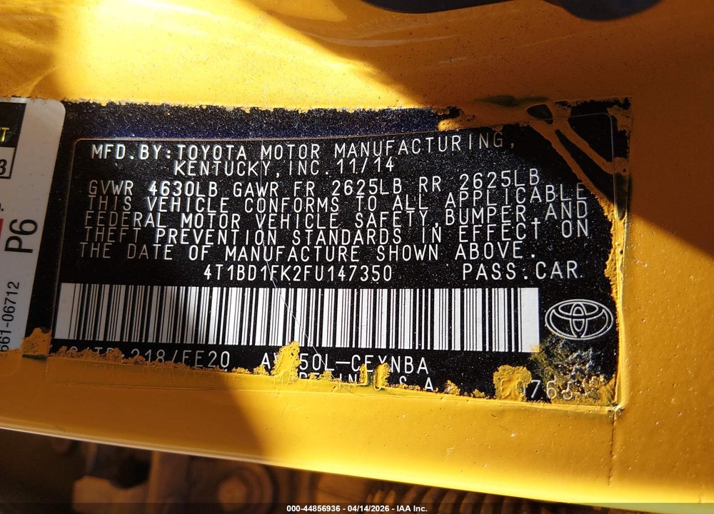2015 TOYOTA CAMRY HYBRID LE VIN: 4T1BD1FK2FU147350