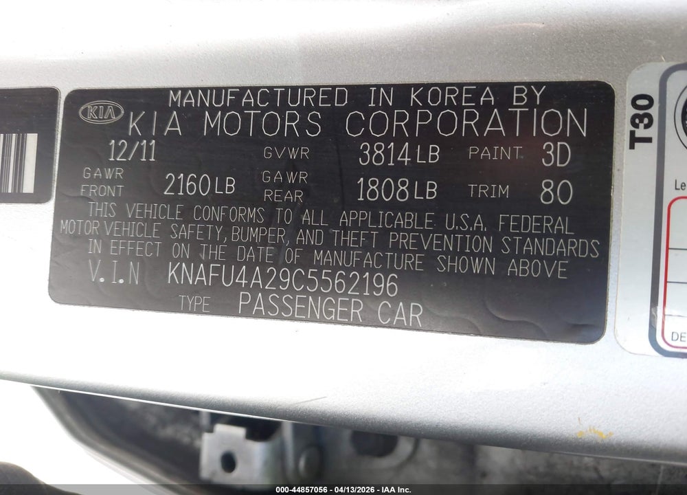 2012 KIA FORTE EX VIN: KNAFU4A29C5562196