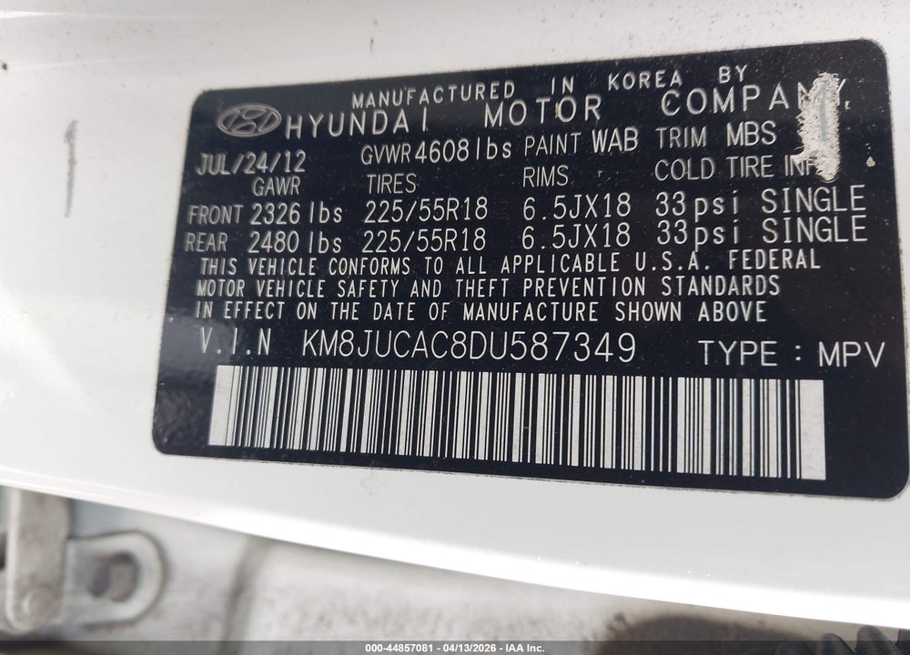 2013 HYUNDAI TUCSON LIMITED VIN: KM8JUCAC8DU587349