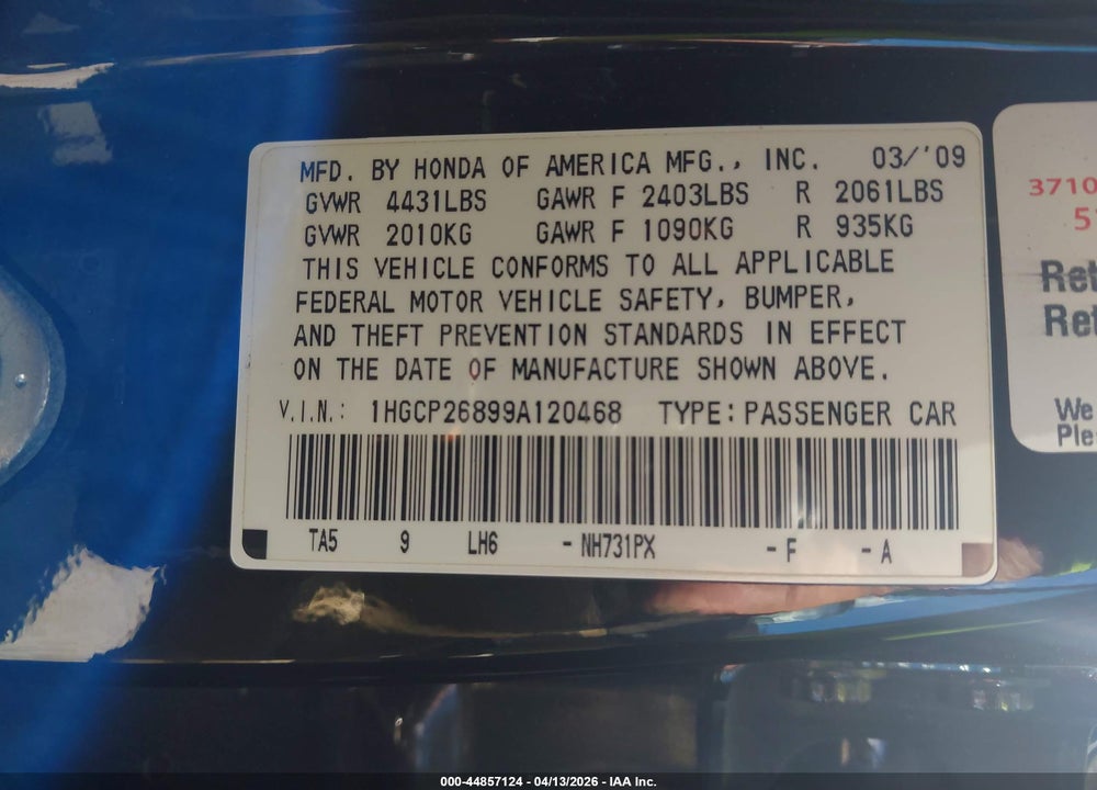 2009 HONDA ACCORD 2.4 EX-L VIN: 1HGCP26899A120468