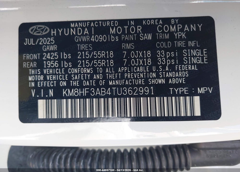 2026 HYUNDAI KONA SEL SPORT VIN: KM8HF3AB4TU362991